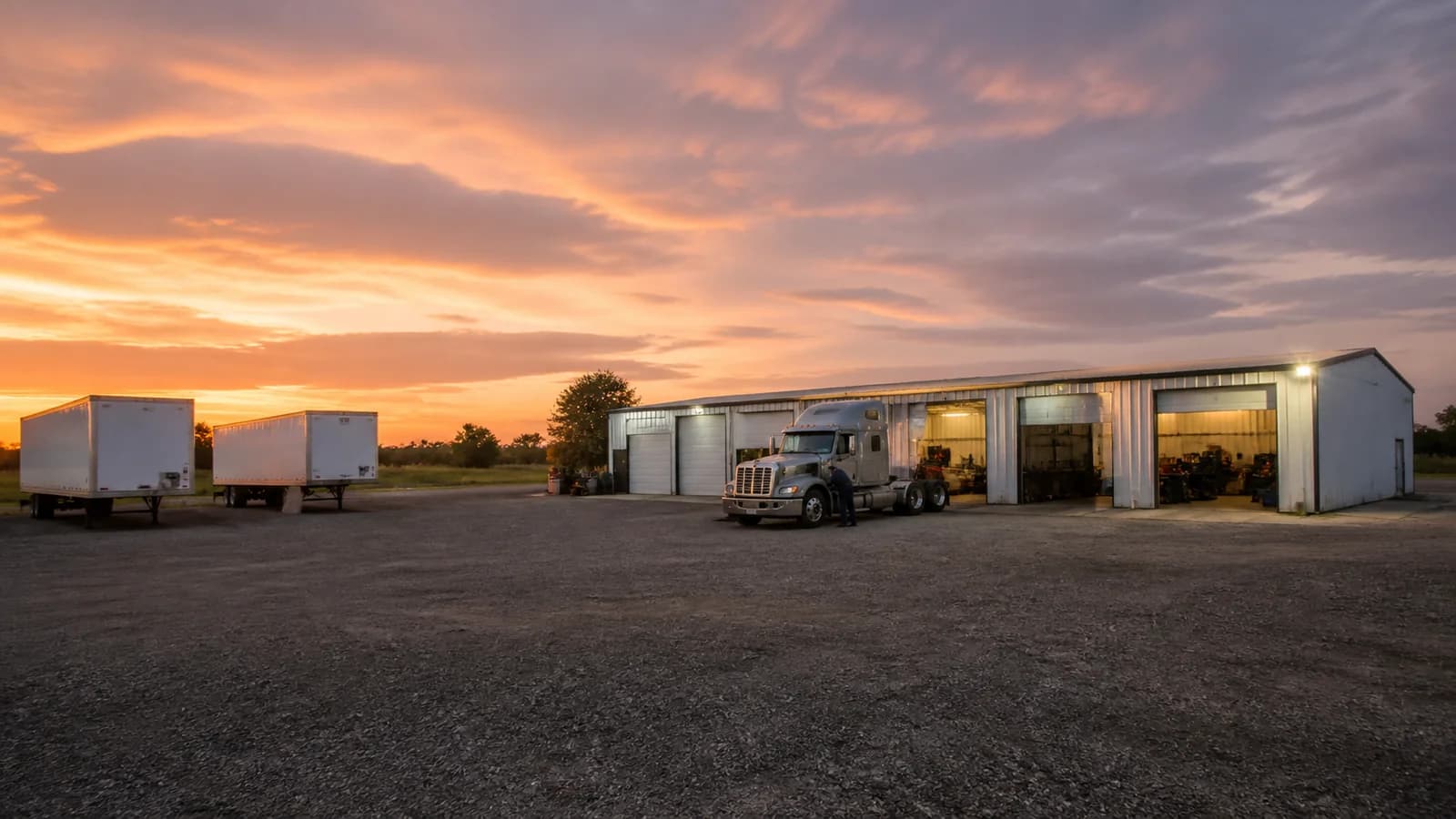 C&J-style on-site diesel mechanic shop and gravel fleet yard at sunset