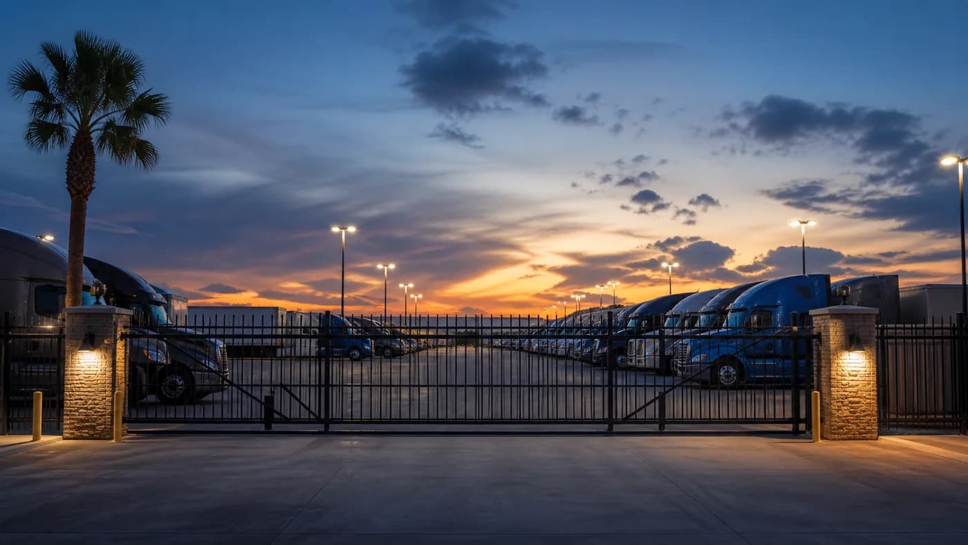 Secure gated semi-truck parking under security lighting at sunset